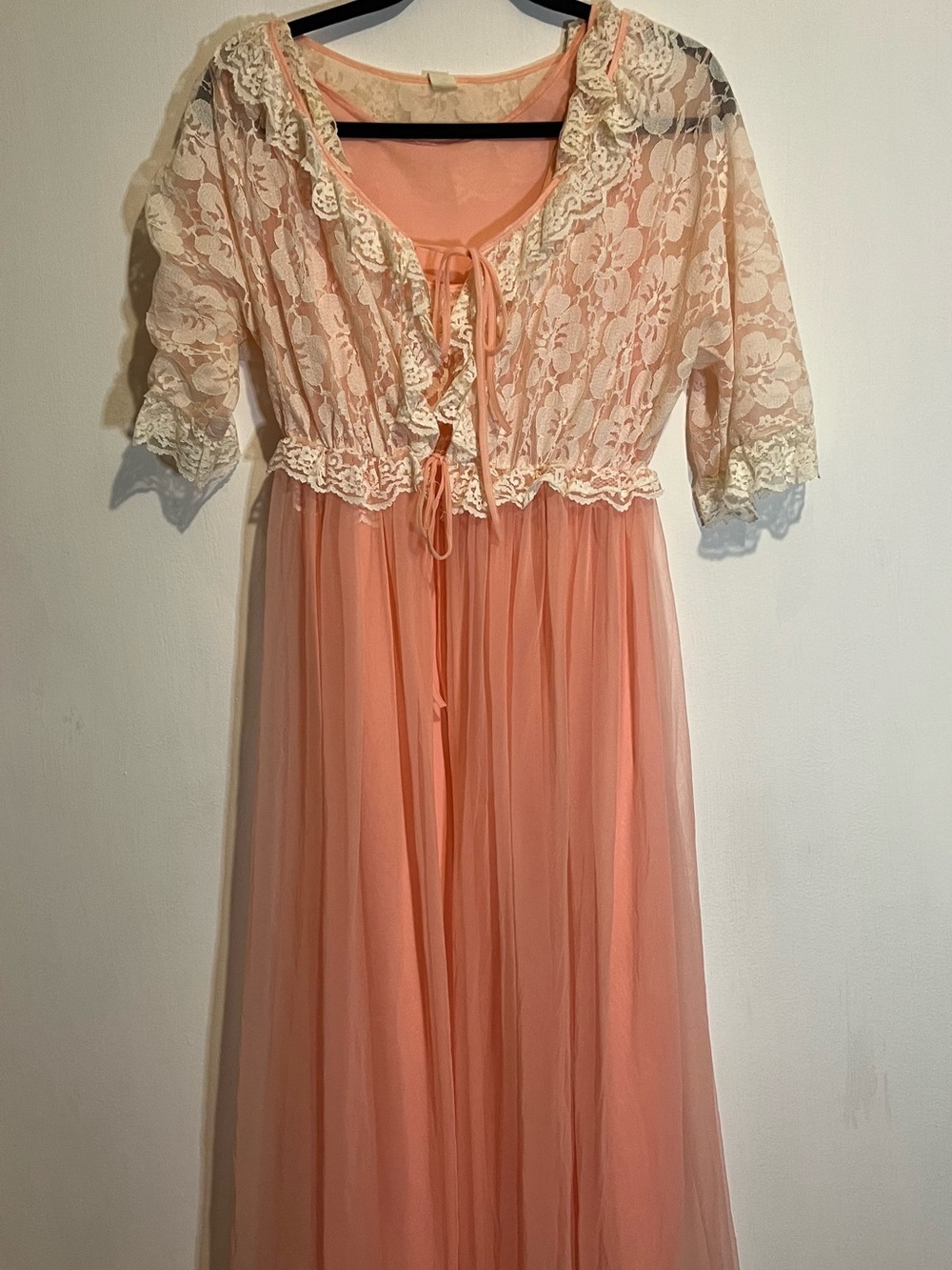 Vintage Lingerie Pink Lace-Trim Long Nightgown with Ivory Overlay size medium